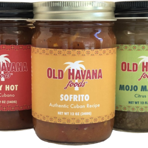 Picture of 5 Old Havana Foods products - Chili Cubano Original Recipe, Fiery Hot Chili Cubano, Sofrito Authentic Cuban Recipe, Mojo Citrus Garlic Marinade, Mango Pineapple BBQ & Dipping Sauce