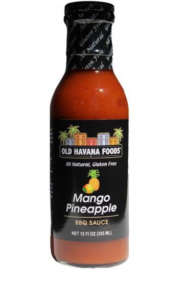 A bottle of Old Havana Foods Mango Pineapple BBQ Sauce 12 oz
