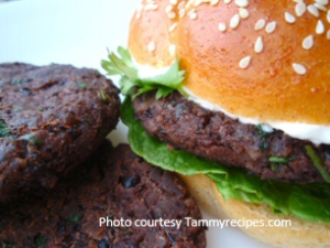 Black bean burger with sofrito ketchup and creamy lime spread from Old Havana Foods