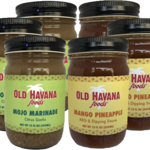 Picture of three jars each Old Havana Foods Mojo Marinade and Mango Pineapple BBQ & Dipping Sauce