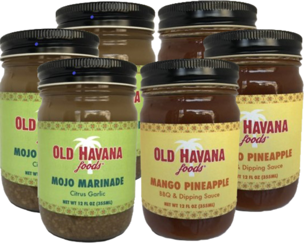 Picture of three jars each Old Havana Foods Mojo Marinade and Mango Pineapple BBQ & Dipping Sauce
